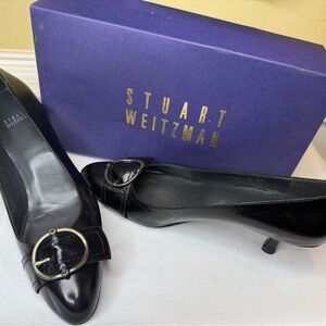 Vintage Stuart Weitzman Black Leather Pointed Toe Pumps with Buckle